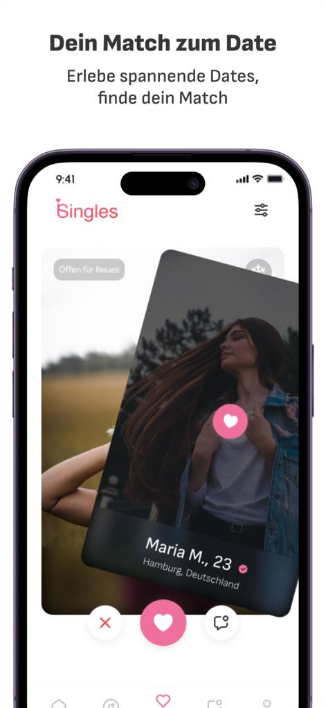 iSingles - Flirt. Date. Love. - iSingles dating app interface showing the MatchGame profile swiping screen