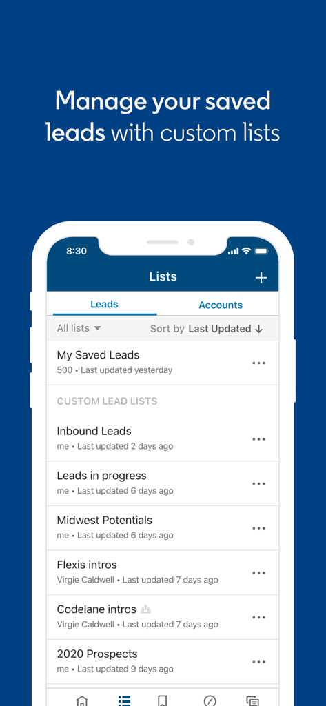 LinkedIn Sales Navigator app screen displaying custom lead lists for sales lead management