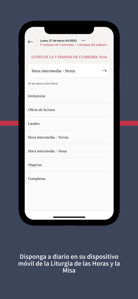 Liturgia de las Horas CEA - Main menu of the Liturgia de las Horas CEA app displaying daily liturgical prayer times in Spanish