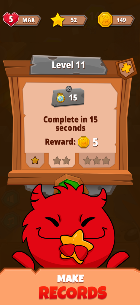 Run Up - Nifty-Lifty - Spike, el personaje monstruo rojo, sosteniendo una estrella en la pantalla de misión del nivel 11 en el juego arcade Run Up