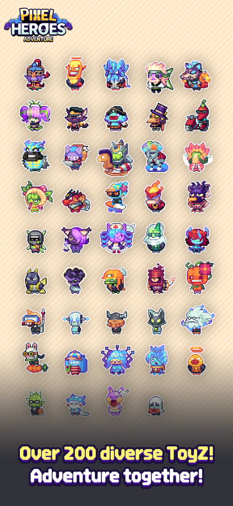 Pixel Heroes Adventure : MMO - A diverse collection of colorful pixel art characters called ToyZ from Pixel Heroes Adventure MMO