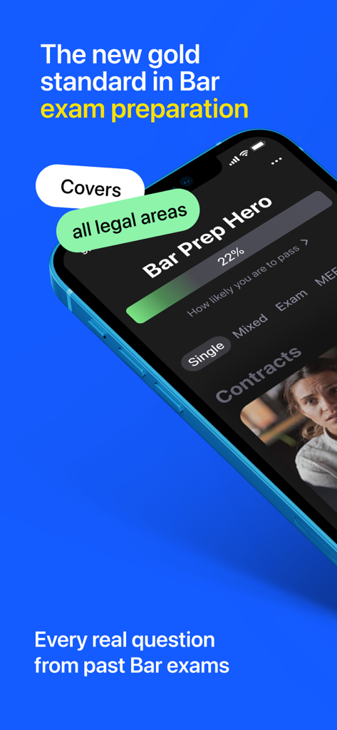 Bar Exam & MBE: Bar Prep - Smartphone displaying the Bar Prep Hero app interface with a passing probability tracker and text about covering all legal areas for bar exam preparation