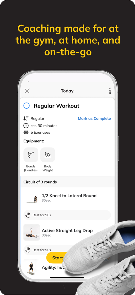 Fitness App (ABC Trainerize) - Workout-Bildschirm der ABC Trainerize App, der einen 30-minütigen Übungskreislauf für das Fitnessstudio oder das Heimtraining zeigt