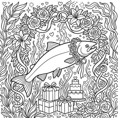 Embark on an aquatic adventure with this charming salmon wedding coloring page. It features a festive fish adorned with flowers, surrounded by wedding symbols, ready for your creative touch.