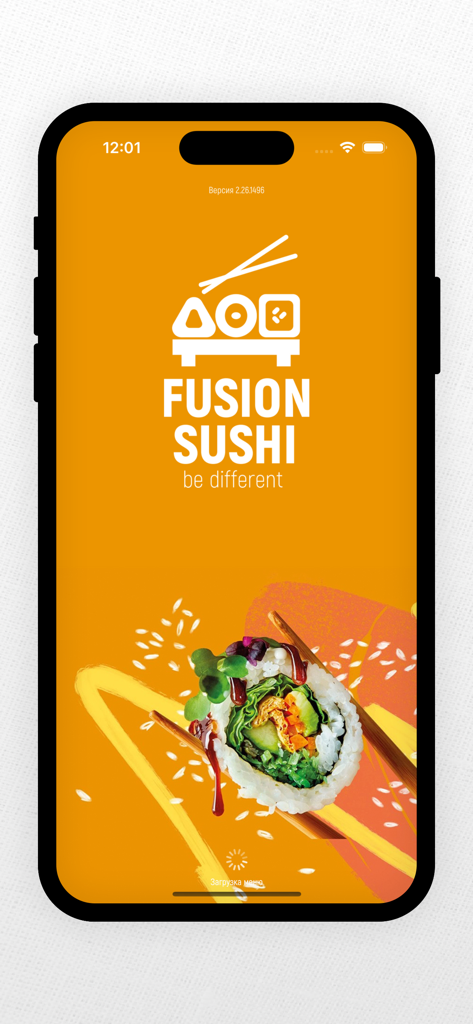 Fusion Sushi Minsk app splash screen with a brand logo and a fusion roll on an orange background