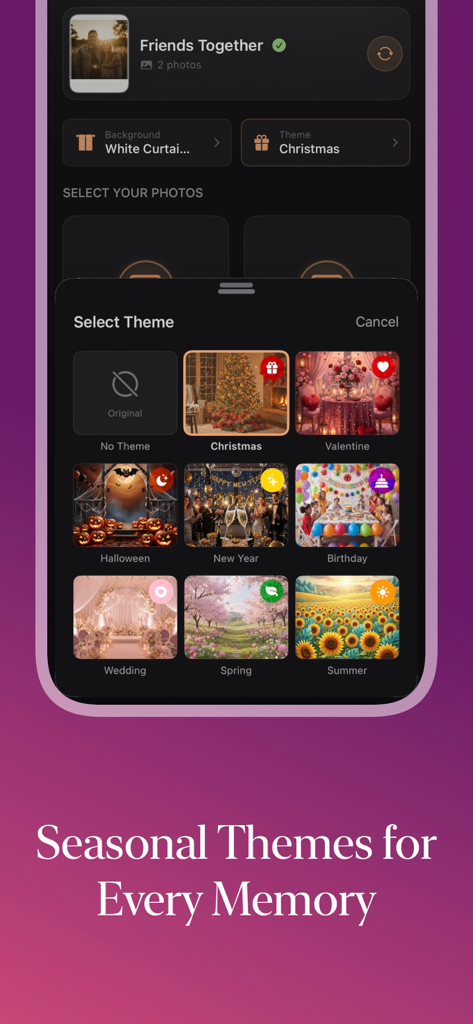 Polaroid AI  Photo Generator - Selection menu of seasonal themes including Christmas Wedding and Birthday in the Polaroid AI Photo Generator app