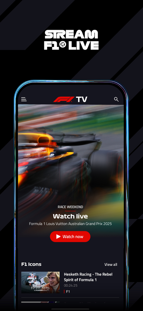 F1 TV - F1 TV mobile app interface showing a live stream option for the Australian Grand Prix