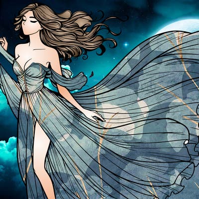 realistic woman in dress flowing the the wind