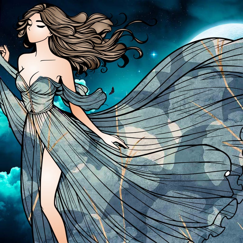 realistic woman in dress flowing the the wind