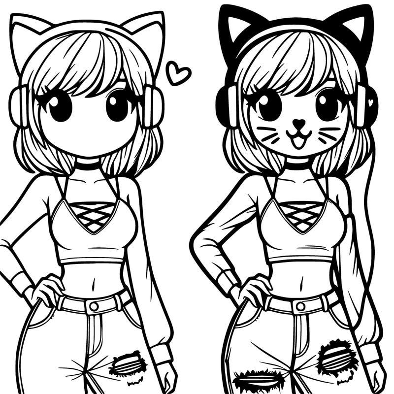 girl in a crop top and jeans. headphones with kitty ears. cat whiskers and a black nose are drawn on her face