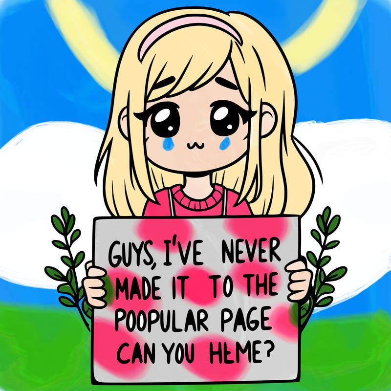 a girl holding up a sign that says, guys, i’ve never made it to the popular page, can you help me?