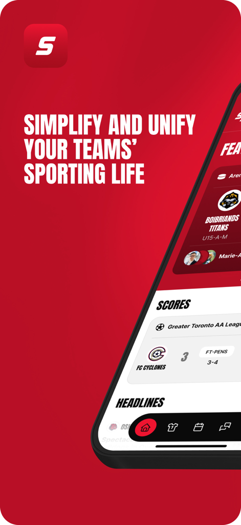 Spordle - Spordle app interface displaying team scores and sporting headlines.
