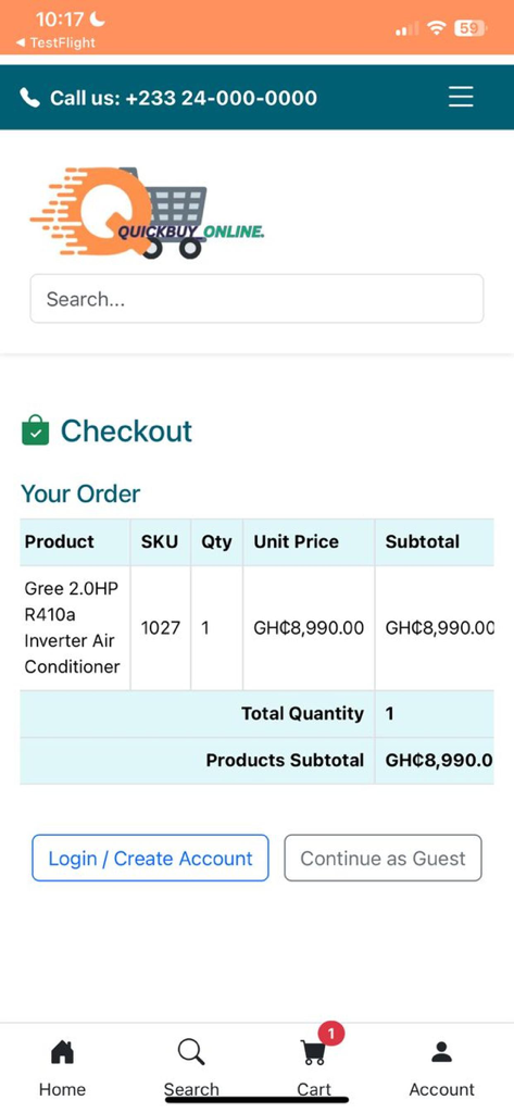 QuickBuy Online - Checkout screen of the QuickBuy Online app showing an order summary for an air conditioner.