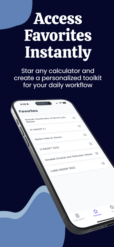 The Favorites screen of the Radiology Calculators app on an iPhone showing a personalized list of medical scoring systems.
