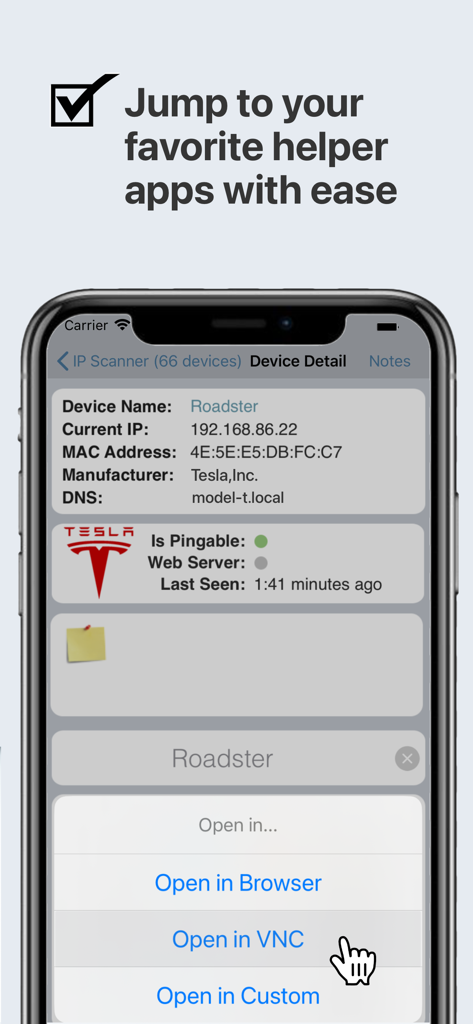 IP Scanner - App IP Scanner mostrando información detallada para un dispositivo Tesla en una red con opciones para abrir en VNC o un navegador web.
