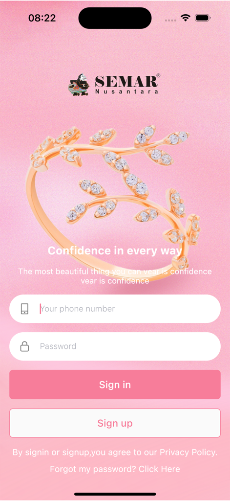 My Semar Nusantara app login page featuring a diamond leaf ring and sign in fields on a pink background