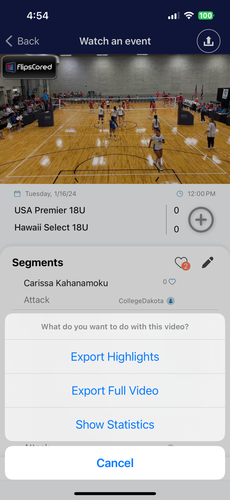 FlipsCored app interface showing a volleyball match video with an overlay menu to export highlights or the full video.