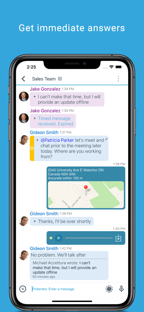 BBM Enterprise - BBM Enterprise app interface showing a secure group chat for a sales team with location sharing and encrypted messages
