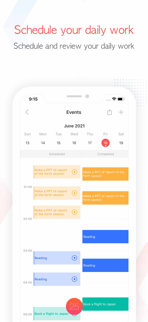 Focus To-Do: Focus Timer&Tasks - Focus To-Do App-Oberfläche, die einen Tagesplan mit geplanten und abgeschlossenen Aufgaben und einer Pomodoro-Timer-Schaltfläche anzeigt
