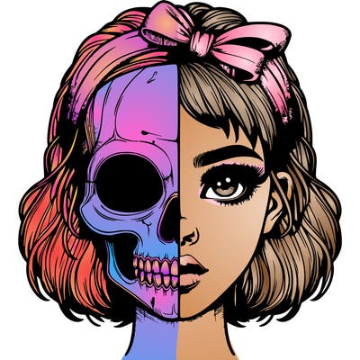 realistic girl with half skull mask
