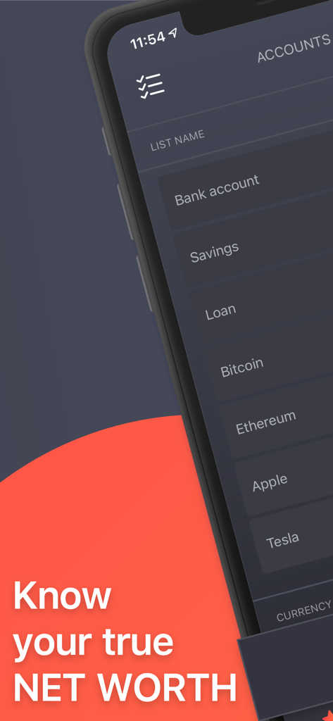 Screenshot dell'app Net Worth by BalanceViewer che mostra l'elenco degli account con criptovalute e azioni
