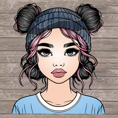realistic girl with buns in her hair with a beanie on
