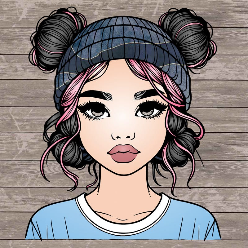 realistic girl with buns in her hair with a beanie on