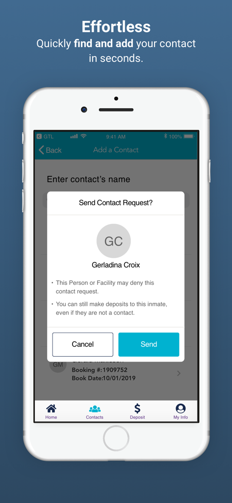 GettingOut app screen showing a contact request popup to add an inmate