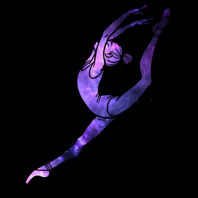gymnast doing a leap in a leotard with a bent back leg