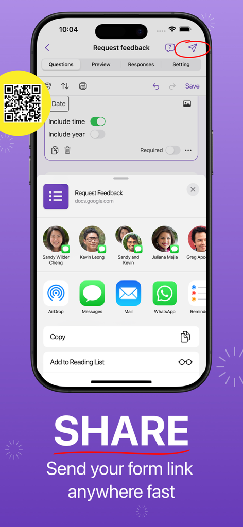 Forms for Google Drive ™ - Sharing a Google Form link through various mobile apps and a QR code.