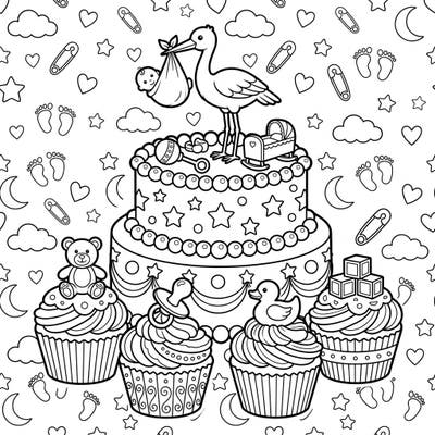 Welcome a new arrival with this delightful coloring page featuring a festive baby shower cake and charming cupcakes. Adorned with storks, cradles, and other sweet baby items, it's perfect for celebrating new beginnings.