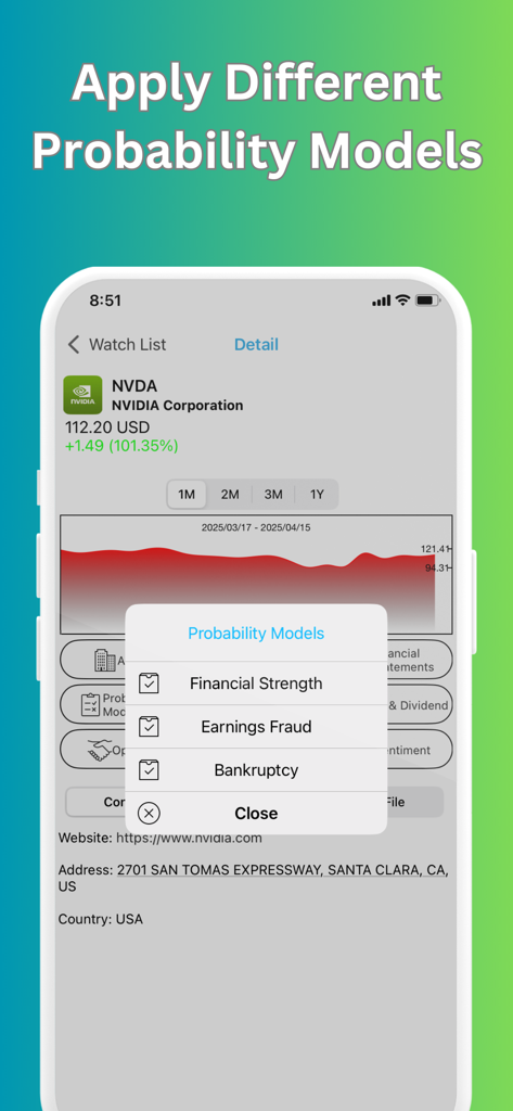Company 360 - Mobile app screen showing probability models for stock analysis including financial strength earnings fraud and bankruptcy checks