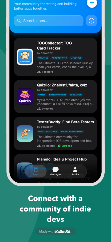 TesterBuddy: Beta Test & Chat - TesterBuddy app interface showing a list of indie iOS projects available for beta testing with a community of developers.