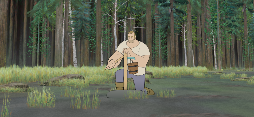 Pine: A Story of Loss - 森の中で仕事をする木工職人のキャラクターの手描きのイラスト。