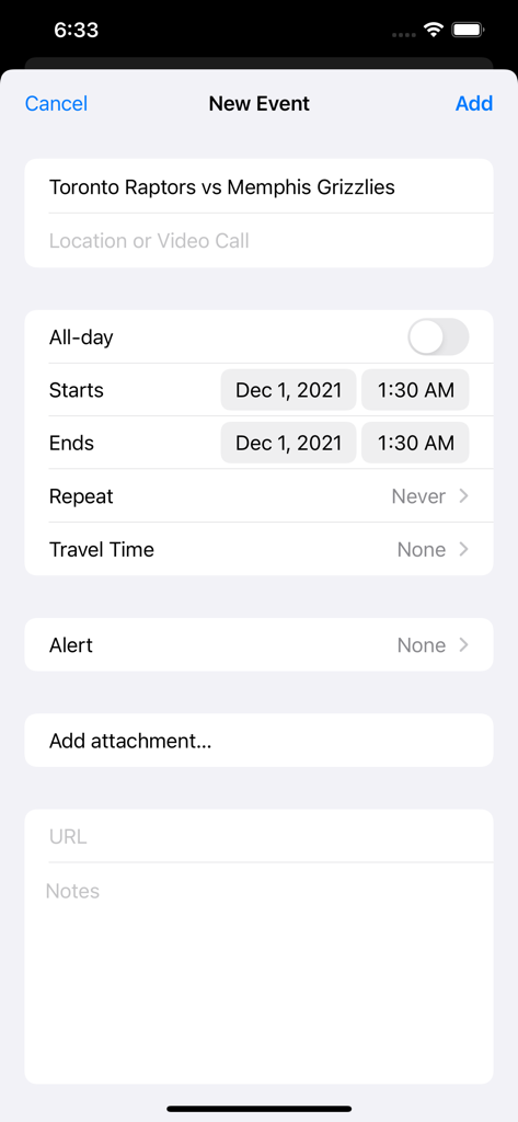 Basketball Games Pro - Screen showing how to add an NBA game to the calendar with details for Toronto Raptors vs Memphis Grizzlies
