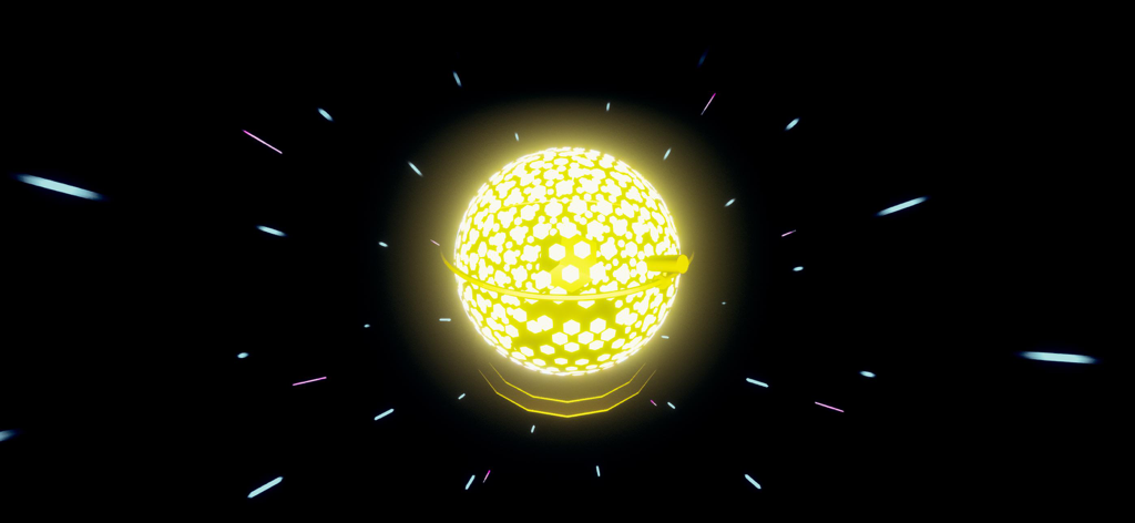 Una sfera luminosa gialla con pattern esagonali in una visualizzazione musicale dinamica