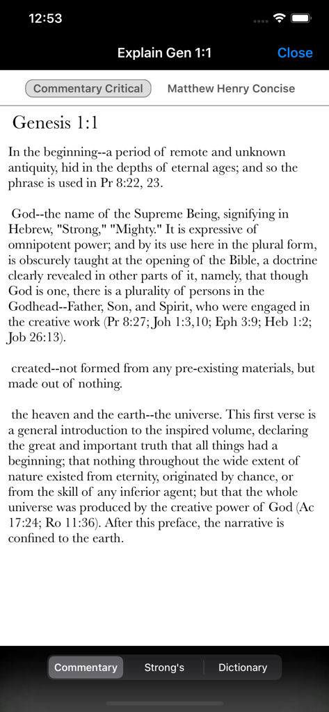 A screenshot of the Bible by eBible.com app displaying a scholarly commentary for Genesis chapter 1 verse 1.