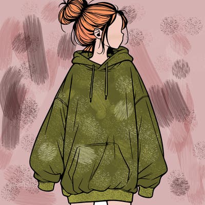 realistic girl with a oversized sweatshirt on and a bun