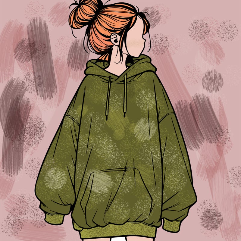 realistic girl with a oversized sweatshirt on and a bun