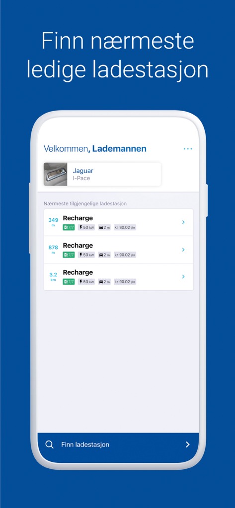 Ein Smartphone-Bildschirm von Elbilappen, der verfügbare E-Ladestationen in der Nähe anzeigt.