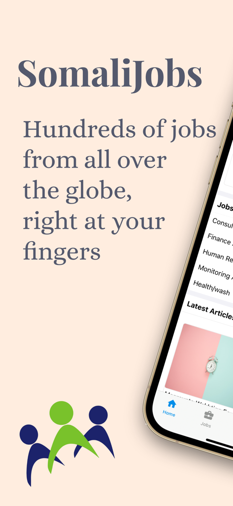 Interface de l'application Emplois Somaliens montrant les offres d'emploi mondiales et les catégories professionnelles