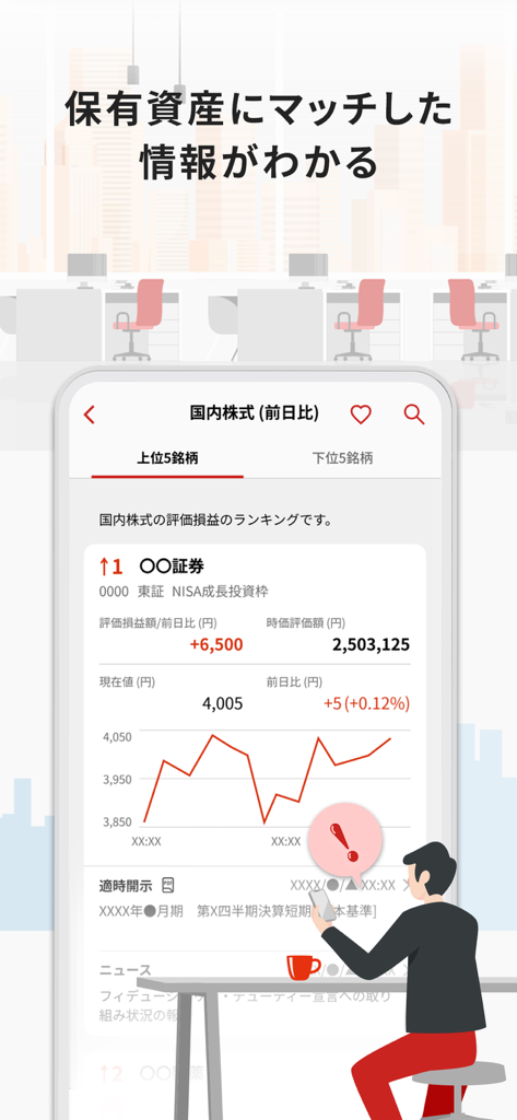 野村證券 - スマホ1つで快適な資産運用 - - Interface of the Nomura Securities app showing stock performance graphs and asset valuation details