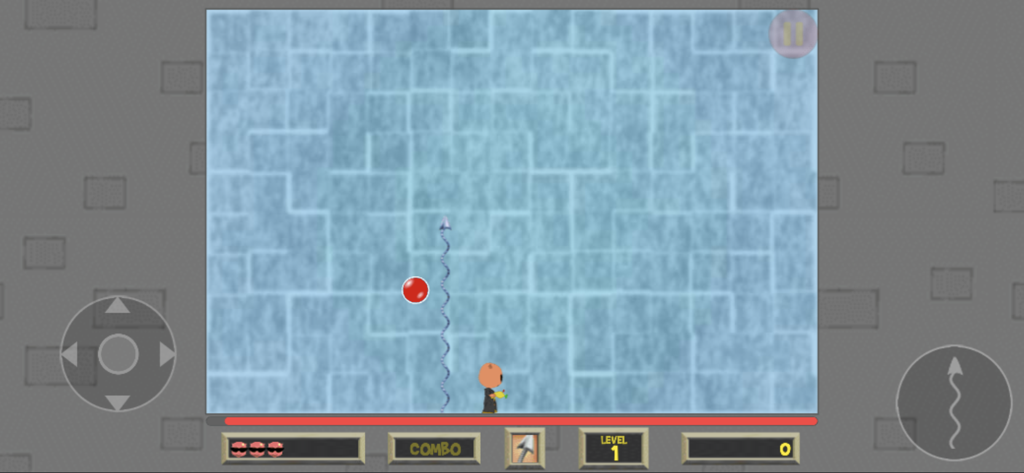 Gameplay of Bubble Struggle 2 showing a character using a harpoon to pop a red bubble.
