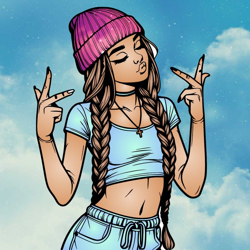 realistic teenage girl with braids and a beanie and crop top doing 🫶🏼