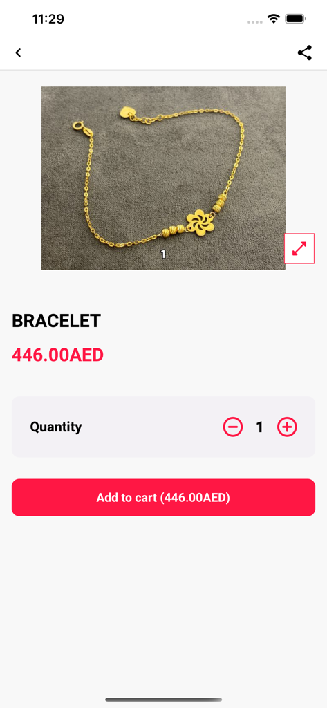 Samer Jewelry - A gold floral bracelet product page on the Samer Jewelry app featuring its price and an add to cart button