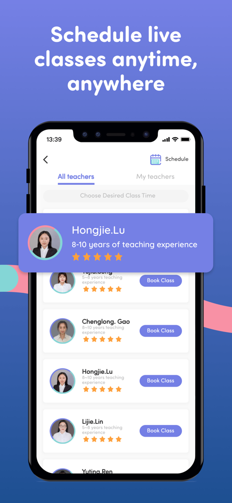 LingoAce Connect - LingoAce Connect app interface showing teacher profiles with experience ratings and class booking options