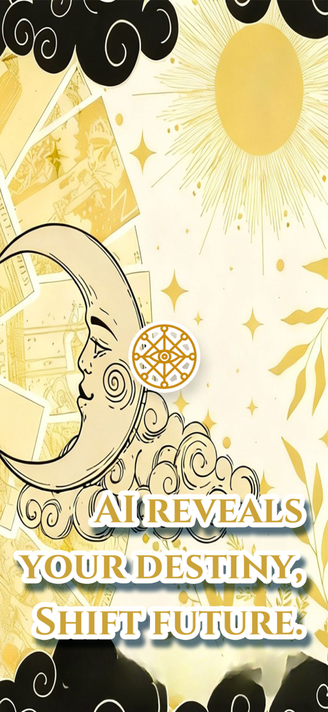 TarotAI - Daily Card Readings - Pantalla promocional de Tarot AI con gráficos celestiales de sol y luna y texto de predicción del destino.