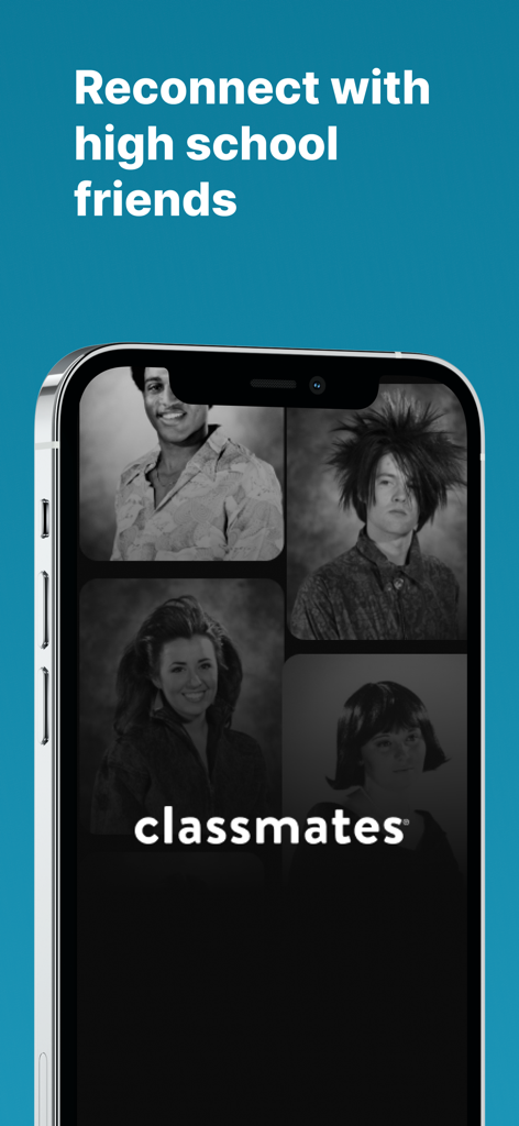Classmates™ Mobile App - Classmates mobile app screen showing vintage yearbook photos and the text Reconnect with high school friends