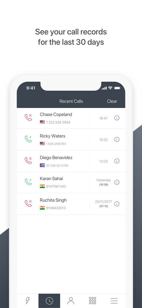 PhoneClub – Best Calling Rates - PhoneClub app interface showing a list of recent international call records with names, phone numbers, and country flags.