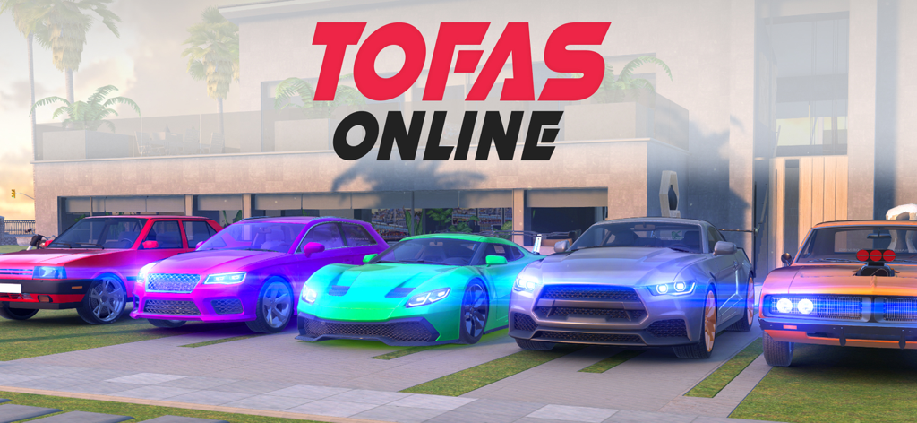 Tofas Sahin Drift Car Driving - Una fila de cinco coches de derrape personalizados, incluido un Tofas Sahin rojo, aparcados frente a un edificio moderno con el logo de Tofas Online.